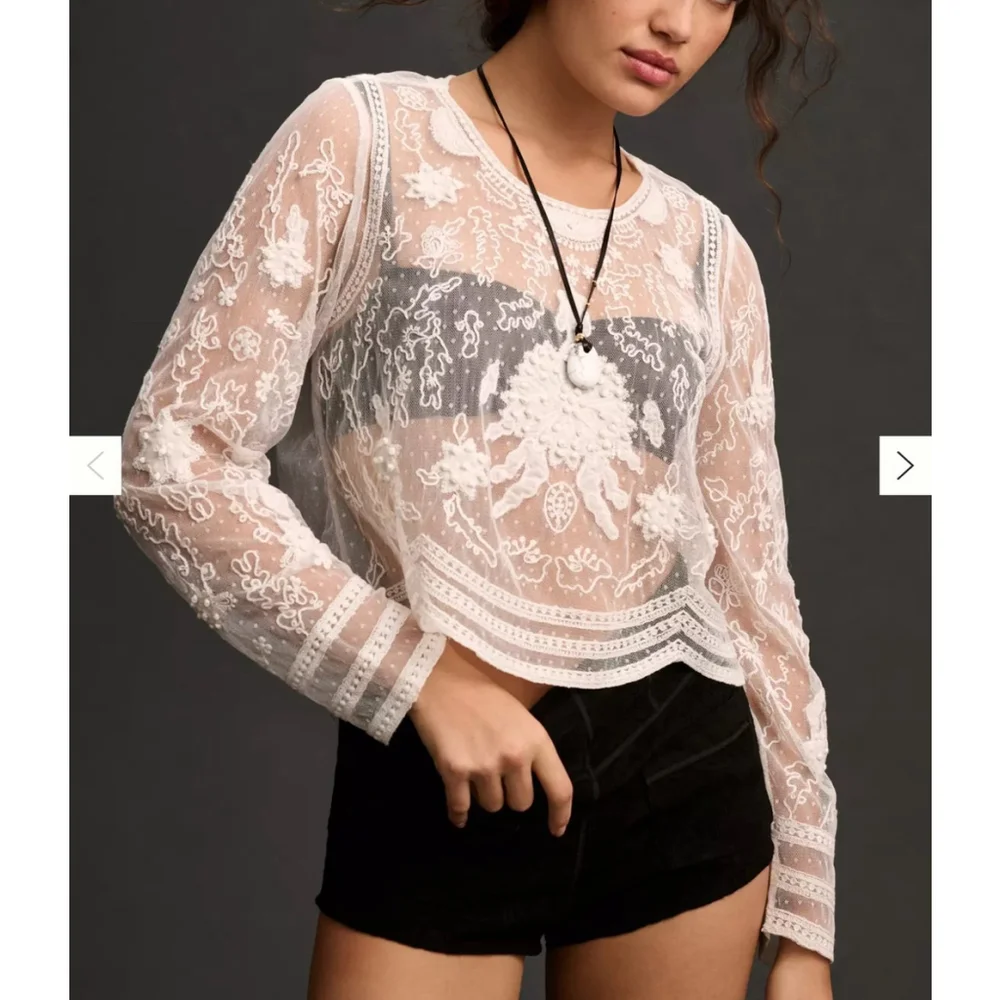Anthropologie Boho Coquette Festival Whimpsy Mesh Applique Large Top